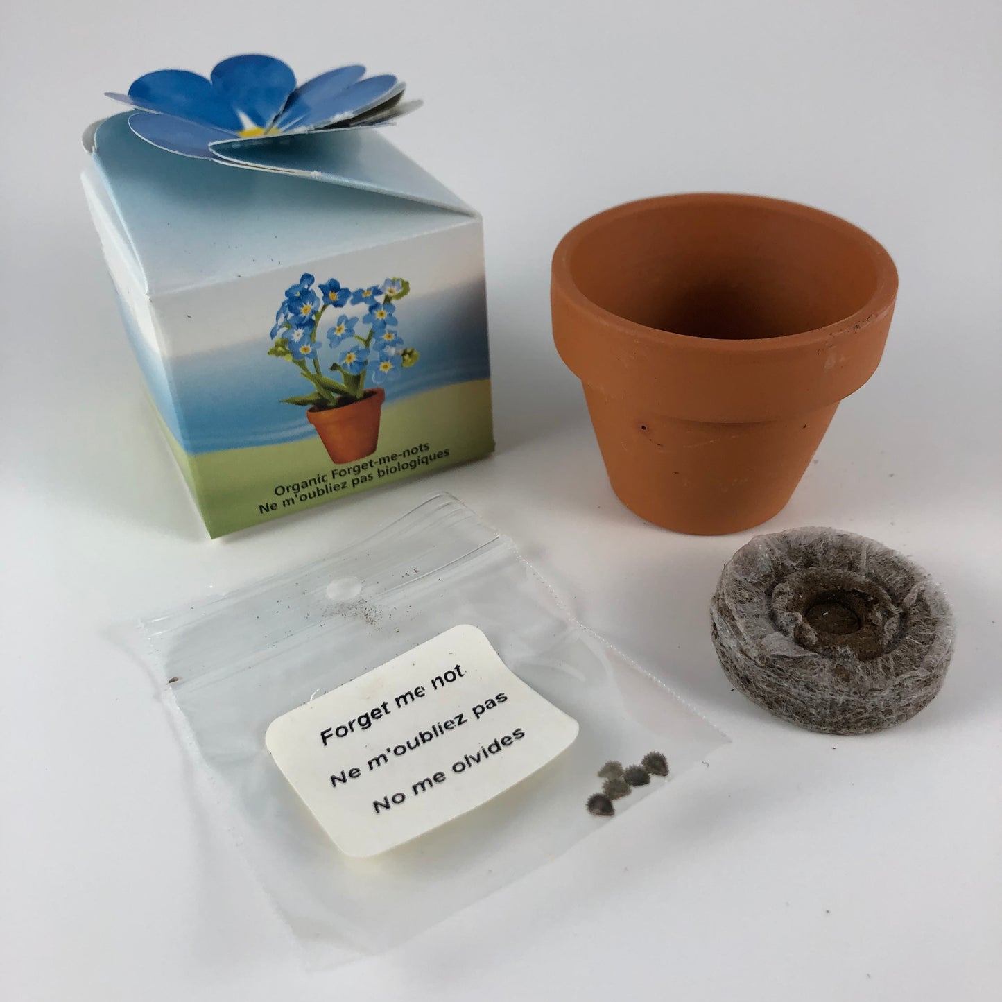 Vue de l'emballage pour le jardin d'amitié de myositis bio et de son contenu