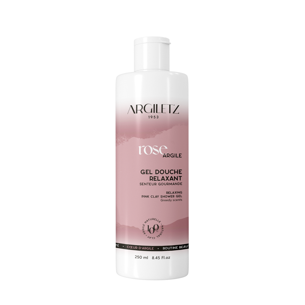 Bouteille de gel de douche relaxant à l'argile rose à l'odeur gourmande de marque Argiletz disponible dans la boutique virtuelle de Red Point