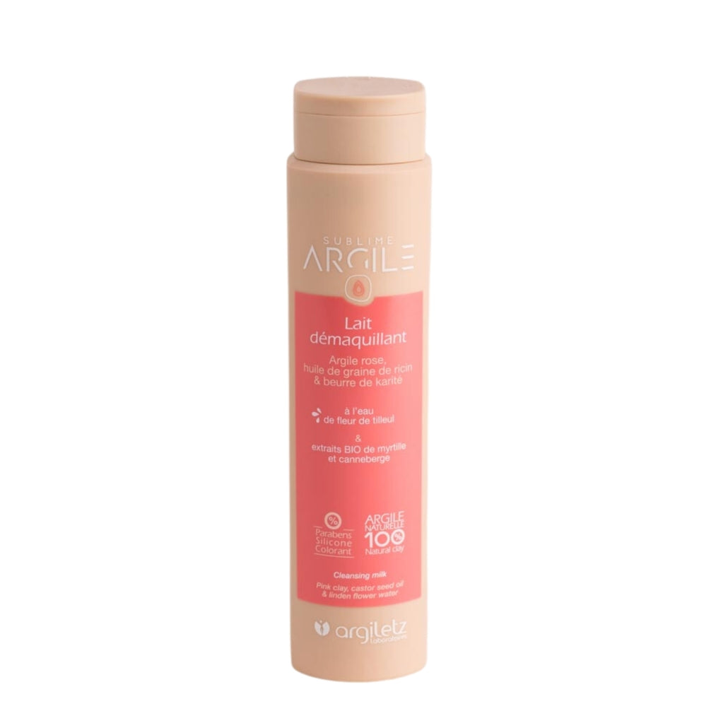 Bouteille du lait démaquillant à l'argile rose avec huile de grain de ricin, beurre de karité, à l'eau de fleur de tilleul, extrait bio de myrthe et canneberge de marque Argiletz disponible dans la boutique virtuelle de Red Point