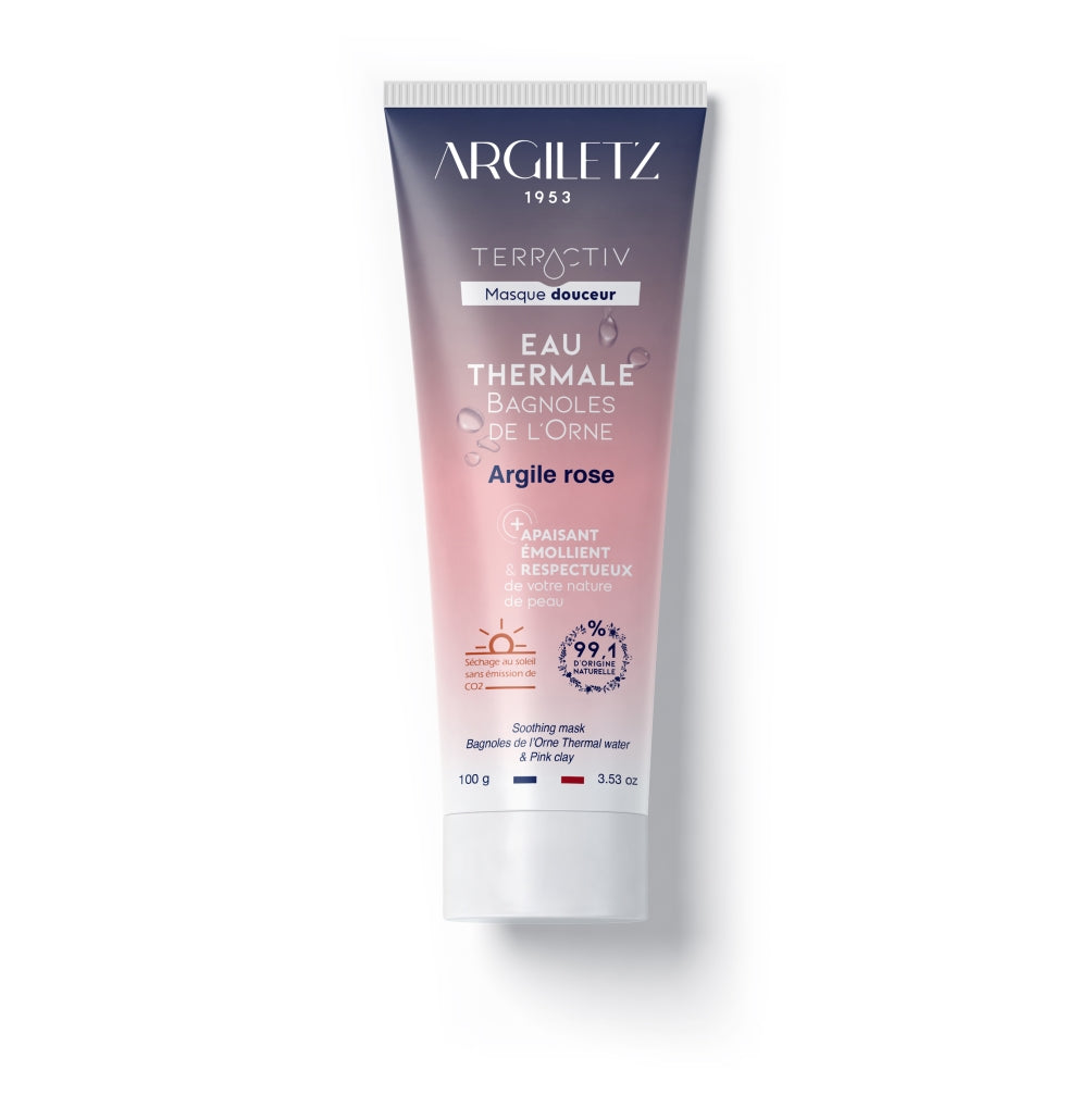 Tube du masque de visage à l'eau thermale Terractiv à l'argile rose de marque Argiletz disponible dans la boutique virtuelle Red Point