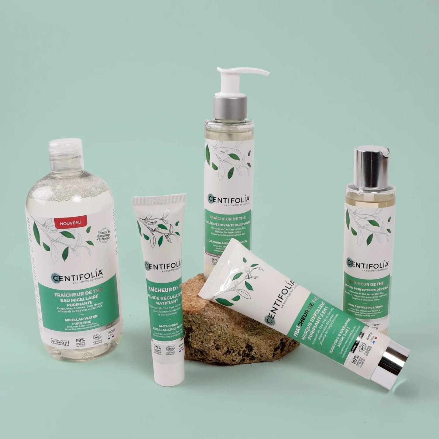 GAMME COMPLÈTE DE LA COLLECTION FRAÎCHEUR DE THÉ DE MARQUE CENTIFOLIA FAIT À PARTIR D'HYDROLAT DE THÉ VERT BIOLOGIQUE