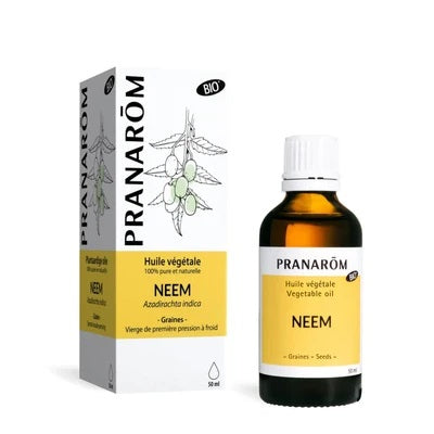 BOUTEILLE D'HUILE VÉGÉTALE DE NEEM AVEC SON EMBALLAGE