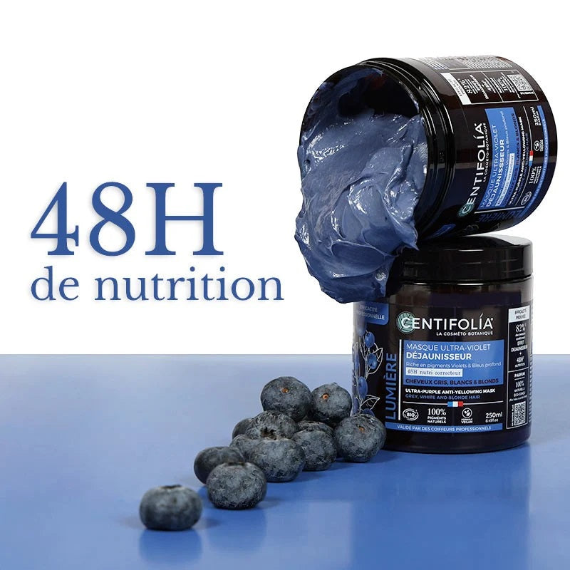 Lumière intense - Masque ultra violet & déjaunisseur - pot ouvert avec fruits