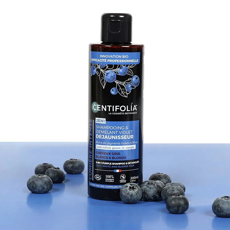 Lumière intense - Shampooing & démêlant violet déjaunisseur 2-en-1 - bouteille avec fruits