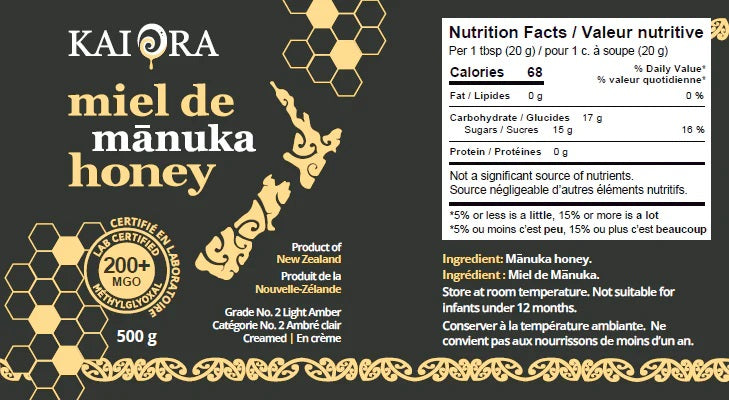 VALEUR NUTRITIONNELLE DES POTS DE MIEL DE MARQUE KAI ORA AVEC UN INDICE MGO 200+