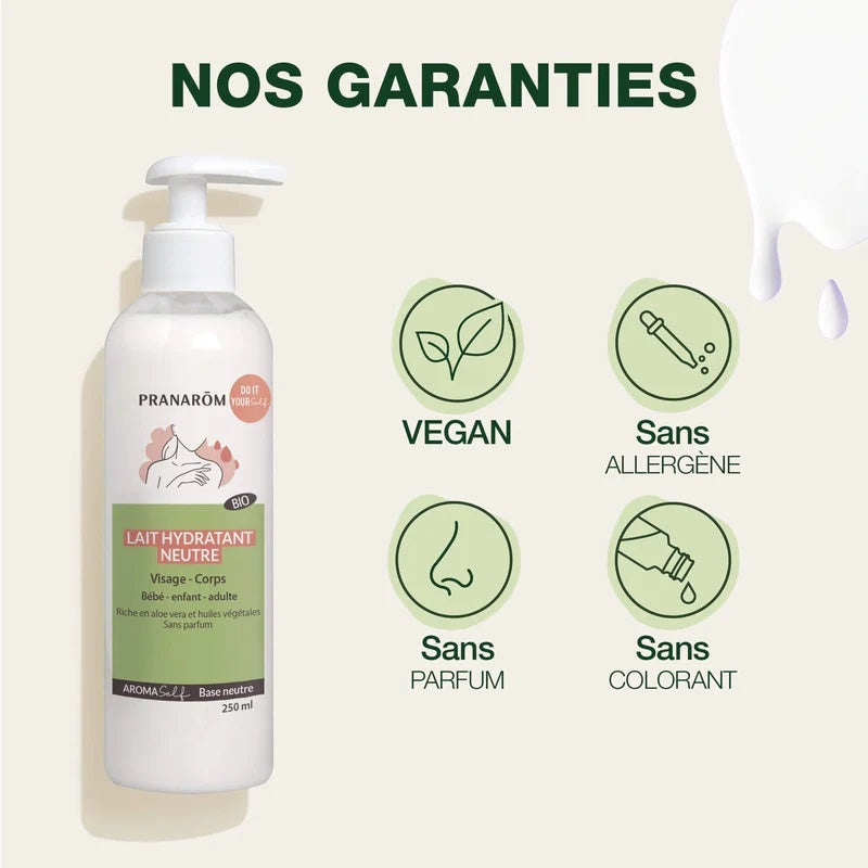 GARANTIE SUR LA BOUTEILLE DE LAIT HYDRATANT AROMASELF BASE NEUTRE DE MARQUE PRANAROM