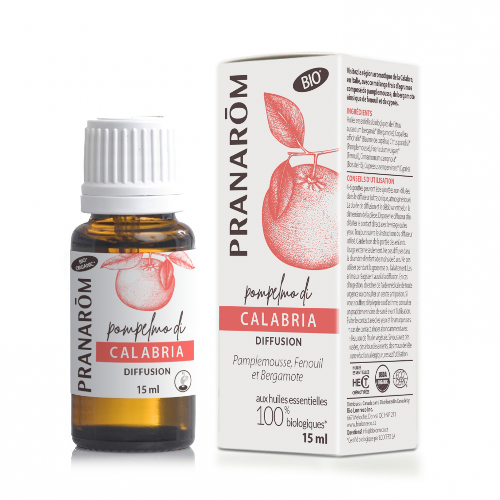 bouteille de mélange d'huiles essentielles pompelmo di calabria parfait pour la diffusion avec son emballage
