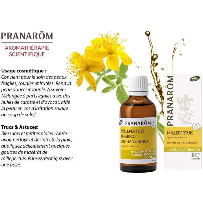 publicité de la bouteille d'huile végétale de millepertuis avec son emballage sur un splash d'huile accompagné des fleurs de la plante avec son usage cosmétique et des trucs et astuces