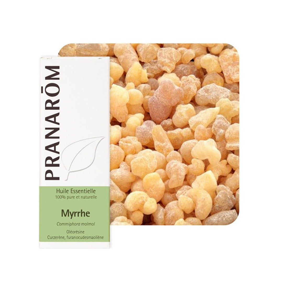 emballage de la bouteille d'huile essentielle de Myrrhe avec myrrhe à l'état naturel