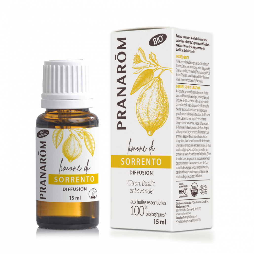 bouteille de mélange d'huiles essentielles limone di sorrento et son emballage idéal pour la diffusion avec un diffuseur d'huile essentielle