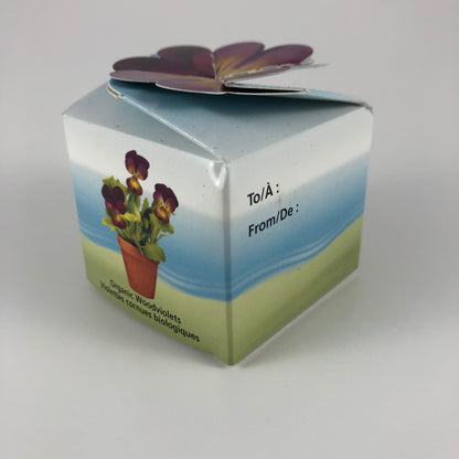 Vue du côté avec le "À" et "DE" de l'emballage pour le jardin d'amitié de violettes cornues bio