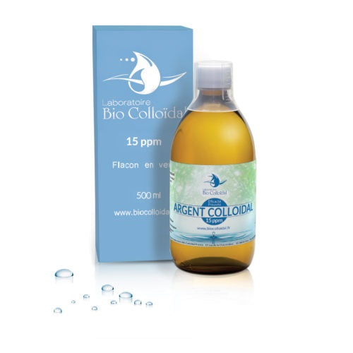 ARGENT COLLOÏDAL 15 PPM BOUTEILLE DE 500 ML DE MARQUE LABORATOIRE BIO COLLOÏDAL AVEC SON EMBALLAGE