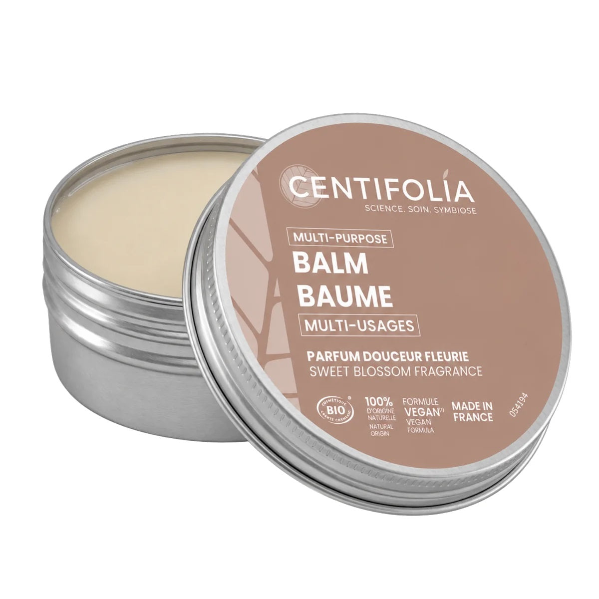 BAUME MULTI-USAGES DE MARQUE CENTIFOLIA À LA FRAGRANCE DOUCEUR FLEURIE EMBALLAGE OUVERT