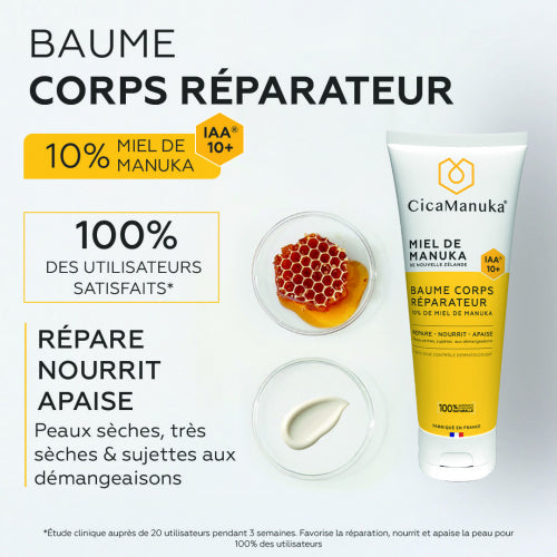 TUBE DE BAUME CORPS RÉPARATEUR 10% DE MIEL DE MANUKA DE MARQUE CICAMANUKA ET SES PROPRIÉTÉS