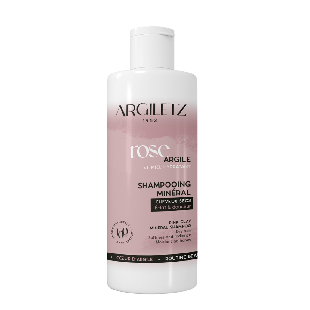 Bouteille de shampooing minéral à l'argile rose pour cheveux secs de marque Argiletz disponible dans la boutique virtuelle de Red Point