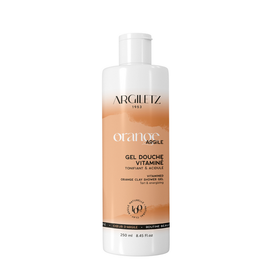 Bouteille de gel de douche tonifiant et acidulé à l'argile orange de marque Argiletz disponible dans la boutique virtuelle de Red Point