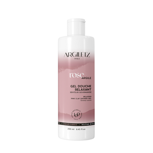 Bouteille de gel de douche relaxant à l'argile rose à l'odeur gourmande de marque Argiletz disponible dans la boutique virtuelle de Red Point
