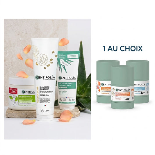 COFFRET BIEN ÊTRE CORPS DE LA MARQUE CENTIFOLIA QUI INCLU UN POT DE BAUME CORPS SOS HYDRATATION, UN TUBE DE GOMMAGE FONDANT, UN TUBE DE GEL D'ALOE VERA ET UN DÉODORANT RECHARGEABLE AU CHOIX ENTRE: SANS PARFUM, AGRUMES OU FLEUR DE COTTON