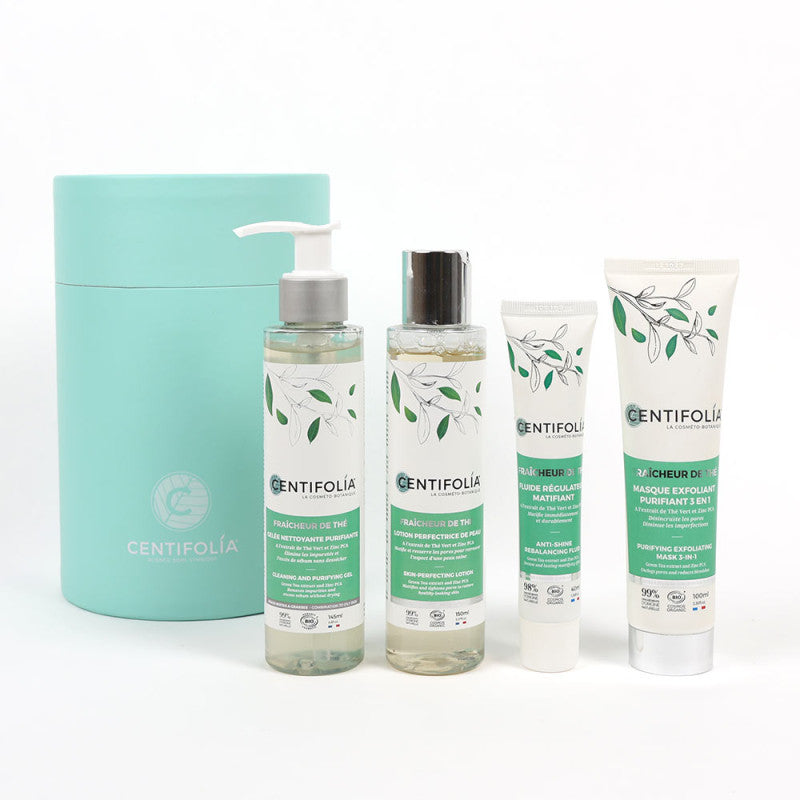 COFFRET MATIFIANT PEAU PARFAITE DE MARQUE CENTIFOLIA DANS LA COLLECTION FRAICHEUR DE THÉ. CE COFFRET INCLU: UNE BOUTEILLE DE GELÉE NETTOYANTE PURIFIANTE, UNE BOUTEILLE DE LOTION PERFECTRICE DE PEAU, UN TUBE DE MASQUE EXFOLIANT PURIFIANT 3 EN 1 ET UN FLUIDE RÉGULATEUR MATIFIANT