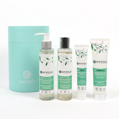 COFFRET MATIFIANT PEAU PARFAITE DE MARQUE CENTIFOLIA DANS LA COLLECTION FRAICHEUR DE THÉ. CE COFFRET INCLU: UNE BOUTEILLE DE GELÉE NETTOYANTE PURIFIANTE, UNE BOUTEILLE DE LOTION PERFECTRICE DE PEAU, UN TUBE DE MASQUE EXFOLIANT PURIFIANT 3 EN 1 ET UN FLUIDE RÉGULATEUR MATIFIANT