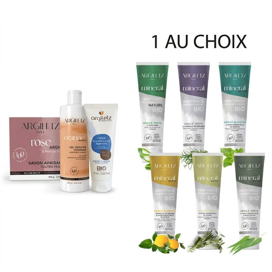 COFFRET DE SOIN COMPLET D'ARGILE DE LA MARQUE ARGILETZ QUI INCLUS UN SAVON EN BARRE D'ARGILE ROSE, UNE BOUTEILLE DE GEL DE DOUCHE D'ARGILE ORANGE, UN TUBE DE CRÈME POUR LES PIEDS À L'ARGILE VERTE ET UN TUBE DE PÂTE À DENTS À BASE D'ARGILE AU CHOIX