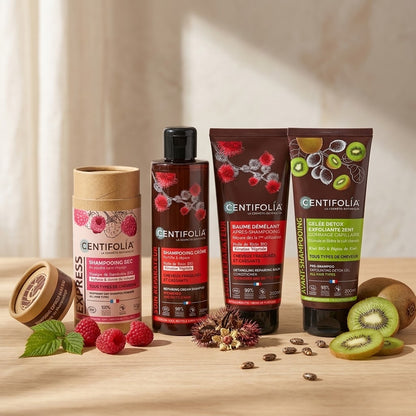 COFFRET SOIN SÉPARATEUR DE LA MARQUE CENTIFOLIA QUI INCLU UN TUBE DE SHAMPOOING SEC, UN TUBE DE GELÉ DÉTOX EXFOLIANTE, UN TUBE DE BAUME DÉMÉLANT ET UNE BOUTEILLE DE SHAMPOOING CRÈME