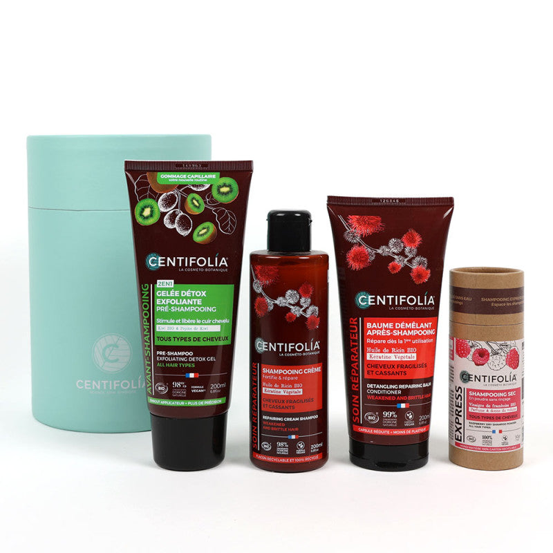 COFFRET SOIN SÉPARATEUR DE LA MARQUE CENTIFOLIA QUI INCLU UN TUBE DE SHAMPOOING SEC, UN TUBE DE GELÉ DÉTOX EXFOLIANTE, UN TUBE DE BAUME DÉMÉLANT ET UNE BOUTEILLE DE SHAMPOOING CRÈME