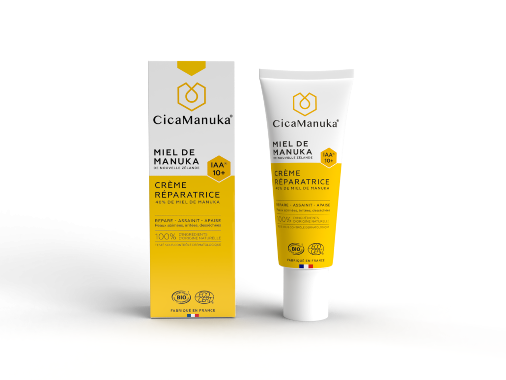Tube et emballage de la crème réparatrice à 40% de miel de manuka de marque CicaManuka disponible dans la boutique virtuelle Red Point