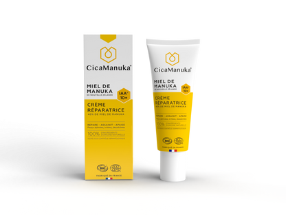 Tube et emballage de la crème réparatrice à 40% de miel de manuka de marque CicaManuka disponible dans la boutique virtuelle Red Point