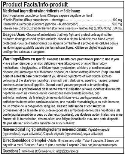 DOS DE LA BOUTEILLE DE FISÉTINE + RÉGULATION CELLULAIRE QUI CONTIENT 30 CAPSULES VÉGÉTALES DE MARQUE EB SUPPLEMENTS