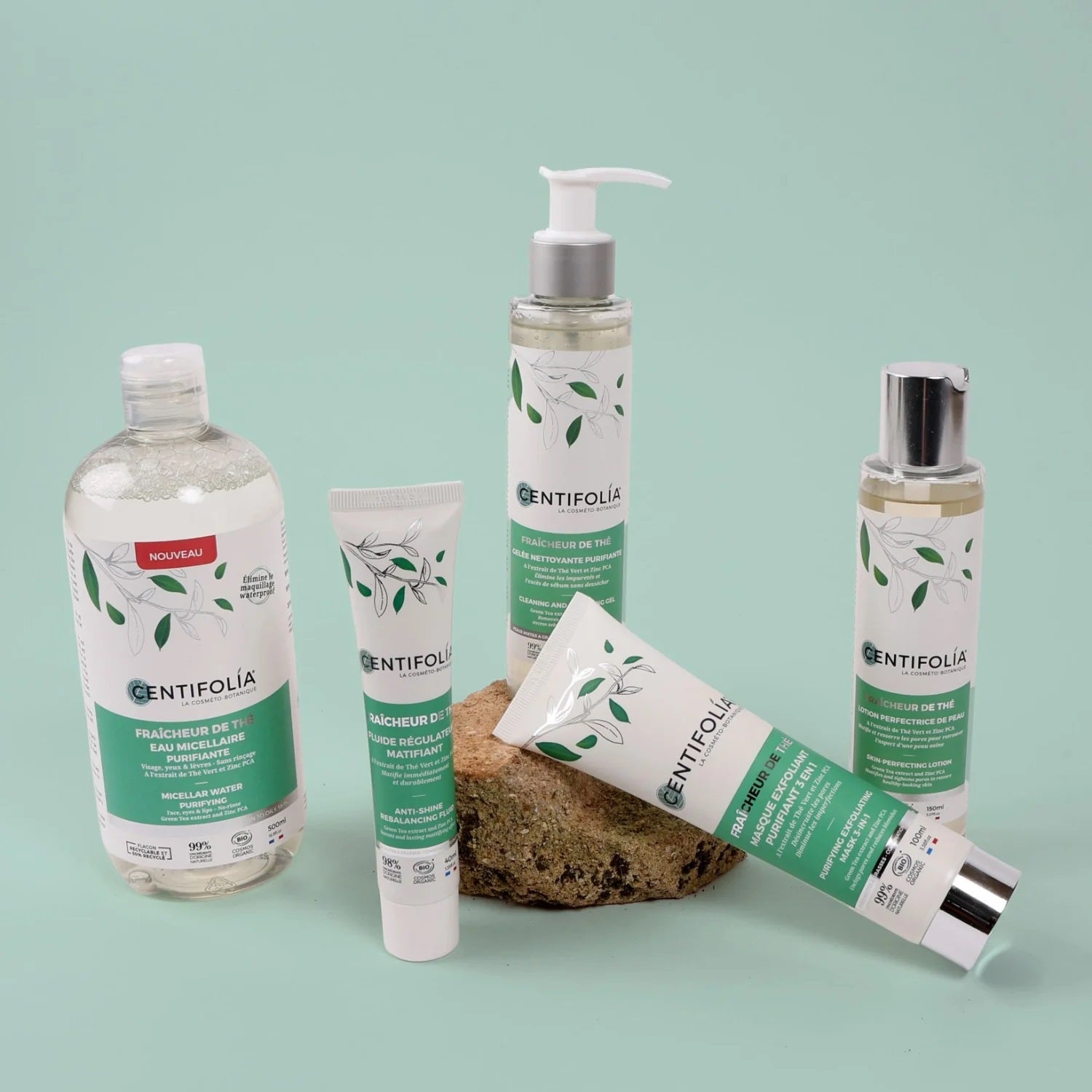 GAMME COMPLÈTE DE LA COLLECTION FRAÎCHEUR DE THÉ DE MARQUE CENTIFOLIA FAIT À PARTIR D'HYDROLAT DE THÉ VERT BIOLOGIQUE