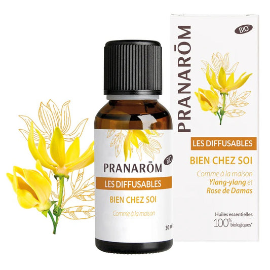 MÉLANGE D'HUILES ESSENTIELLES LES DIFFUSABLES FRAGRANCE DE BIEN CHEZ SOI (YLANG-YLANG ET ROSE DE DAMAS) DE MARQUE PRANAROM ET SON EMBALLAGE