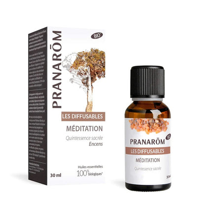 MÉLANGE D'HUILES ESSENTIELLES LES DIFFUSABLES FRAGRANCE DE MÉDITATION (ENCENS) DE MARQUE PRANAROM ET SON EMBALLAGE