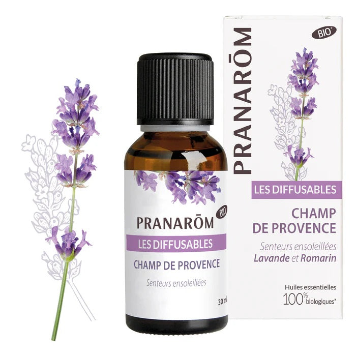 MÉLANGE D'HUILES ESSENTIELLES LES DIFFUSABLES FRAGRANCE CHAMP DE PROVENCE (LAVANDE ET ROMARIN) DE MARQUE PRANAROM ET SON EMBALLAGE
