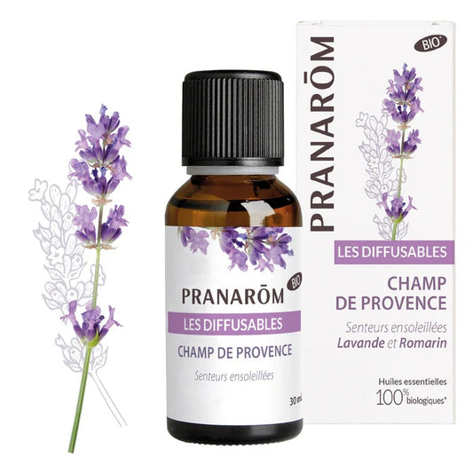 MÉLANGE D'HUILES ESSENTIELLES LES DIFFUSABLES FRAGRANCE CHAMP DE PROVENCE (LAVANDE ET ROMARIN) DE MARQUE PRANAROM ET SON EMBALLAGE