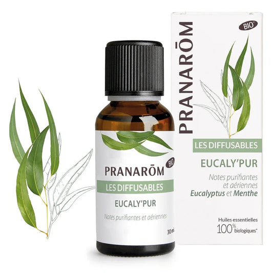 MÉLANGE D'HUILES ESSENTIELLES LES DIFFUSABLES FRAGRANCE DE EUCALY'PUR (EUCALYPTUS ET MENTHE) DE MARQUE PRANAROM ET SON EMBALLAGE
