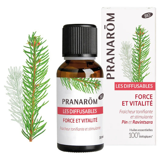 MÉLANGE D'HUILES ESSENTIELLES LES DIFFUSABLES FRAGRANCE DE IMM'PLUS (PIN ET RAVINTSARA) DE MARQUE PRANAROM ET SON EMBALLAGE
