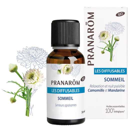 MÉLANGE D'HUILES ESSENTIELLES LES DIFFUSABLES FRAGRANCE DE SOMMEIL (CAMOMILLE ET MANDARINE) DE MARQUE PRANAROM ET SON EMBALLAGE