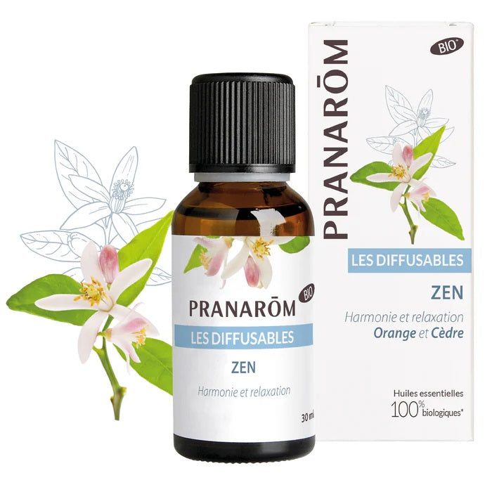 MÉLANGE D'HUILES ESSENTIELLES LES DIFFUSABLES FRAGRANCE ZEN (ORANGE ET CÈDRE) DE MARQUE PRANAROM ET SON EMBALLAGE