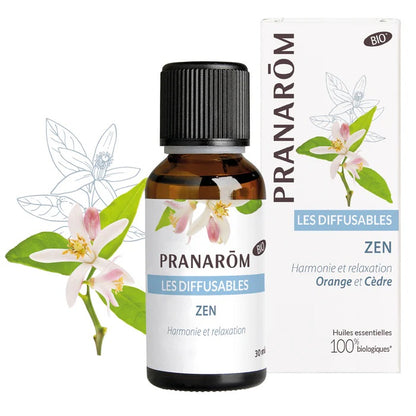 MÉLANGE D'HUILES ESSENTIELLES LES DIFFUSABLES FRAGRANCE ZEN (ORANGE ET CÈDRE) DE MARQUE PRANAROM ET SON EMBALLAGE