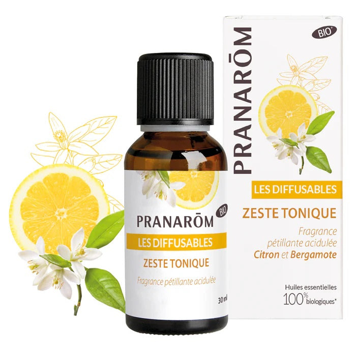 MÉLANGES D'HUILES ESSENTIELLES LES DIFFUSABLES FRANGRANCE ZESTE TONIQUE (CITRON ET BERGAMOTE) DE MARQUE PRANAROM ET SON EMBALLAGE