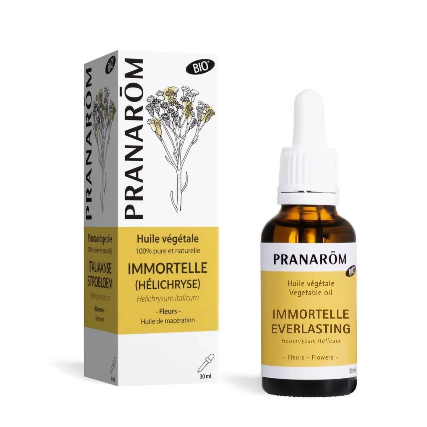 BOUTEILLE D'HUILE VÉGÉTALE DE IMMORTELLE (HÉLICRHYSE) AVEC SON EMBALLAGE