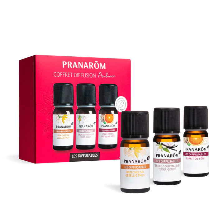 Coffret cadeau d'huiles essentielles de marque Pranarôm les diffusables Ambiance - Bien chez soi, Tendre gourmandise et Esprit de fête
