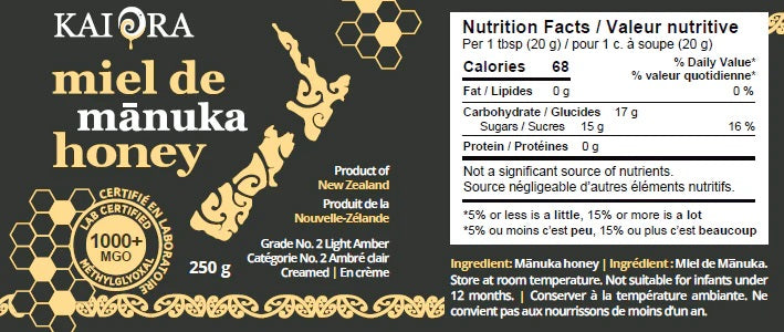 VALEUR NUTRITIONNELLE DU POT DE MIEL DE MANUKA DE 250 G DE MARQUE KAI ORA AVEC UN INDICE MGO 1000 +
