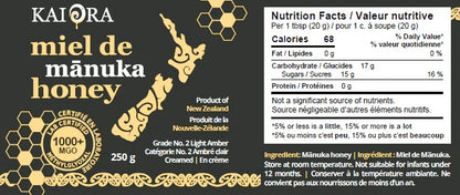 VALEUR NUTRITIONNELLE DU POT DE MIEL DE MANUKA DE 250 G DE MARQUE KAI ORA AVEC UN INDICE MGO 1000 +