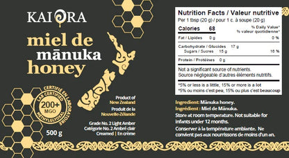 VALEUR NUTRITIONNELLE DES POTS DE MIEL DE MARQUE KAI ORA AVEC UN INDICE MGO 200+