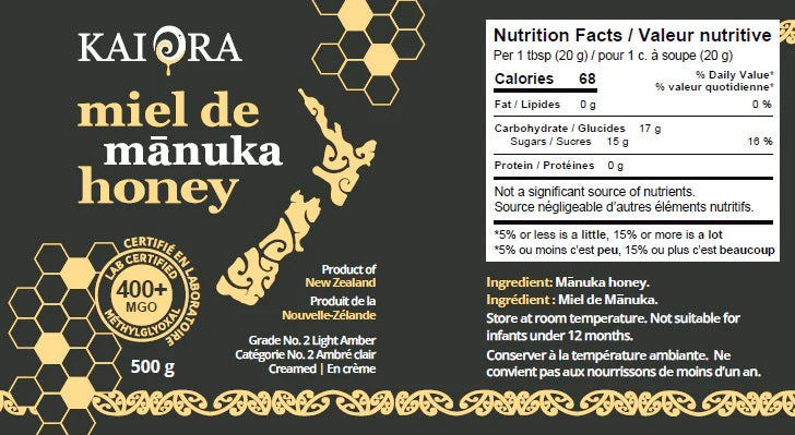 VALEUR NUTRITIVE DES POTS DE MIEL DE MANUKA DE MARQUE KAI ORA AVEC UN INDICE MGO 400+