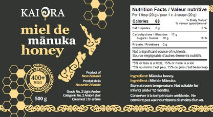 VALEUR NUTRITIVE DES POTS DE MIEL DE MANUKA DE MARQUE KAI ORA AVEC UN INDICE MGO 400+