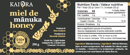 VALEUR NUTRITIONNELLE DU POT DE MIEL DE MANUKA DE 250 G DE MARQUE KAI ORA AVEC UN INDICE MGO 510+