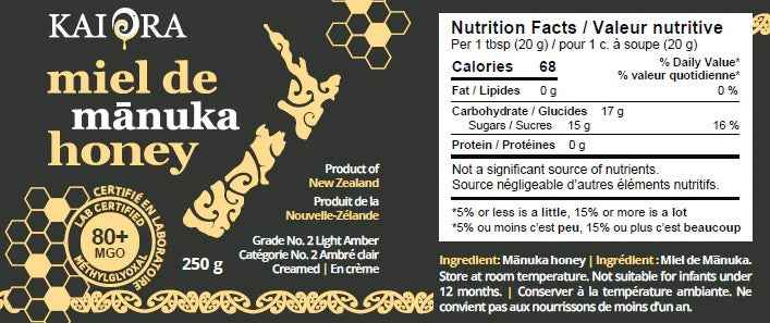 VALEUR NUTRITIVE DES POTS DE MIEL DE MIEL DE MANUKA DE MARQUE KAI ORA AVEC UN INDICE MGO 80+